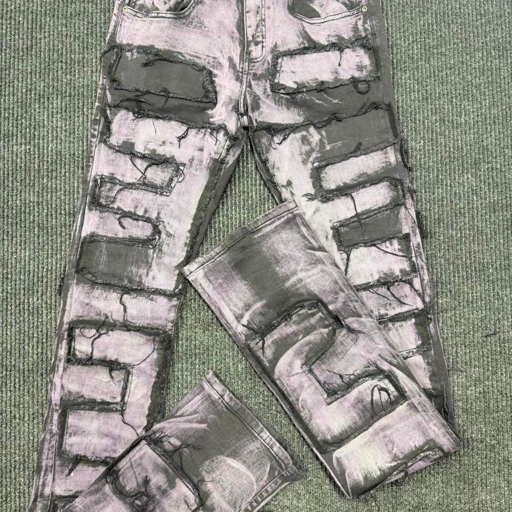Rebel black & gray distressed denim jeans with a unique cracked concrete print